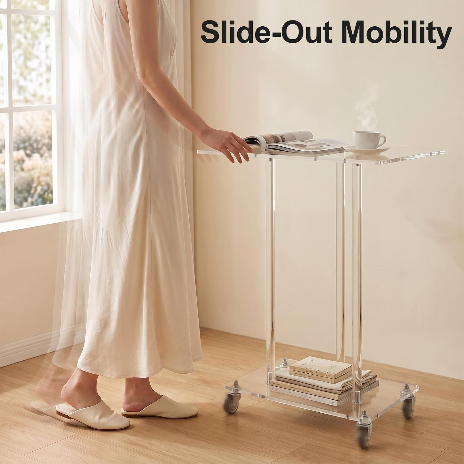 Acrylic Mobile Computer Desk, Clear Rolling Laptop Table with Wheels, Modern Tra