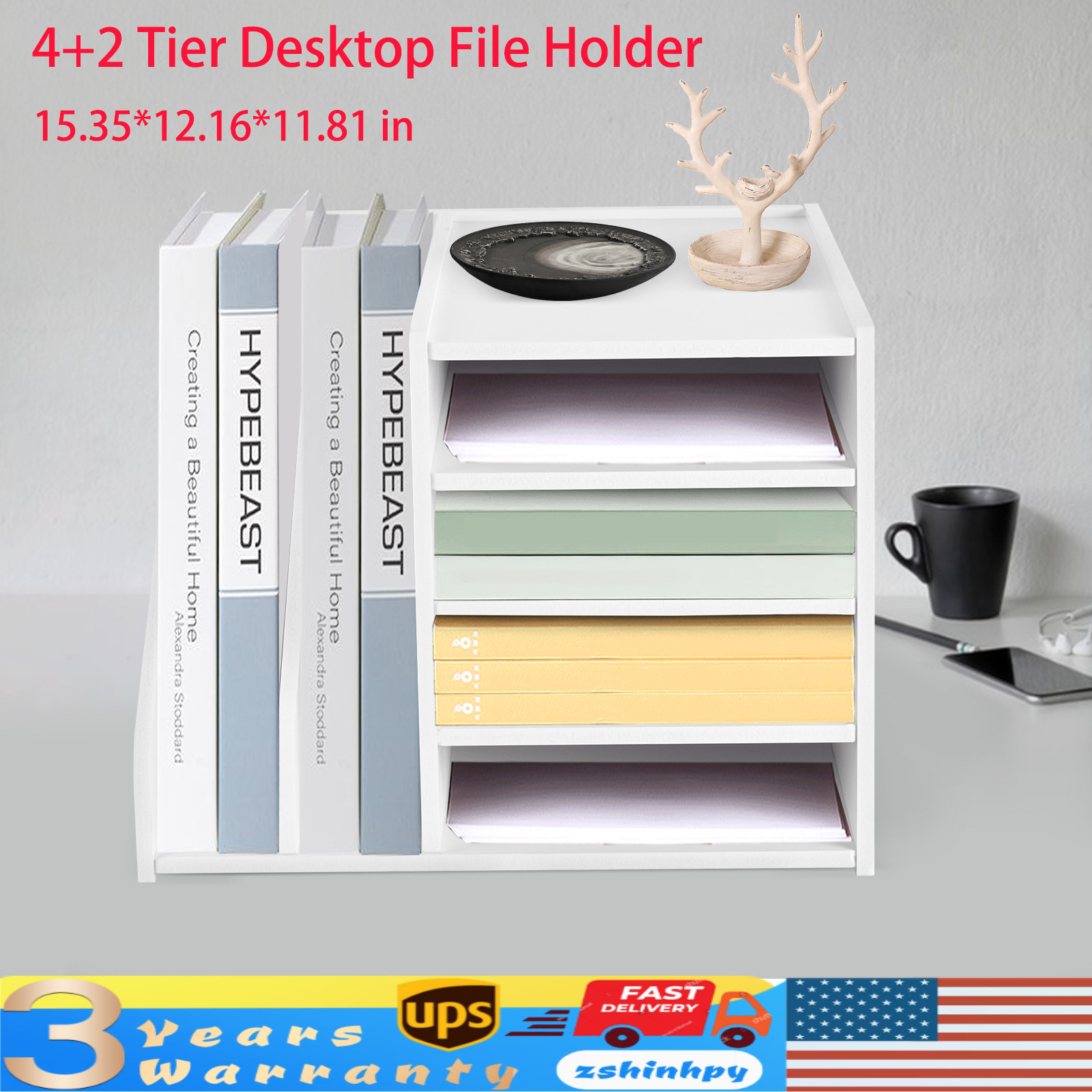 6 Compartment File Holder Organizer Pvc Mail Sorter 15.35*12.16*11.81 In