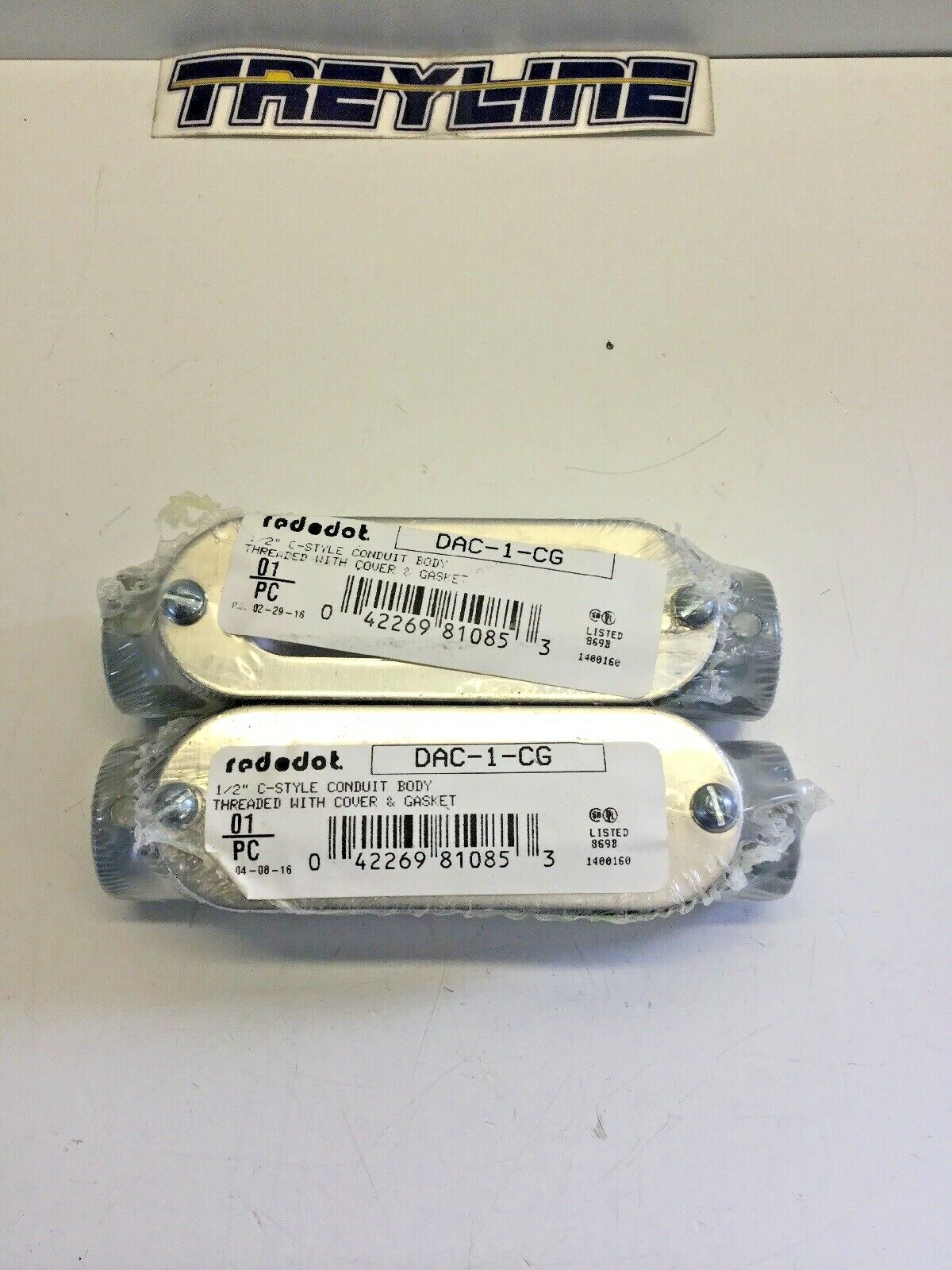 LOT OF 2, NEW, RED DOT, DAC-1-CG, 1/2” C-STYLE CONDUIT BODY. (7B-2)