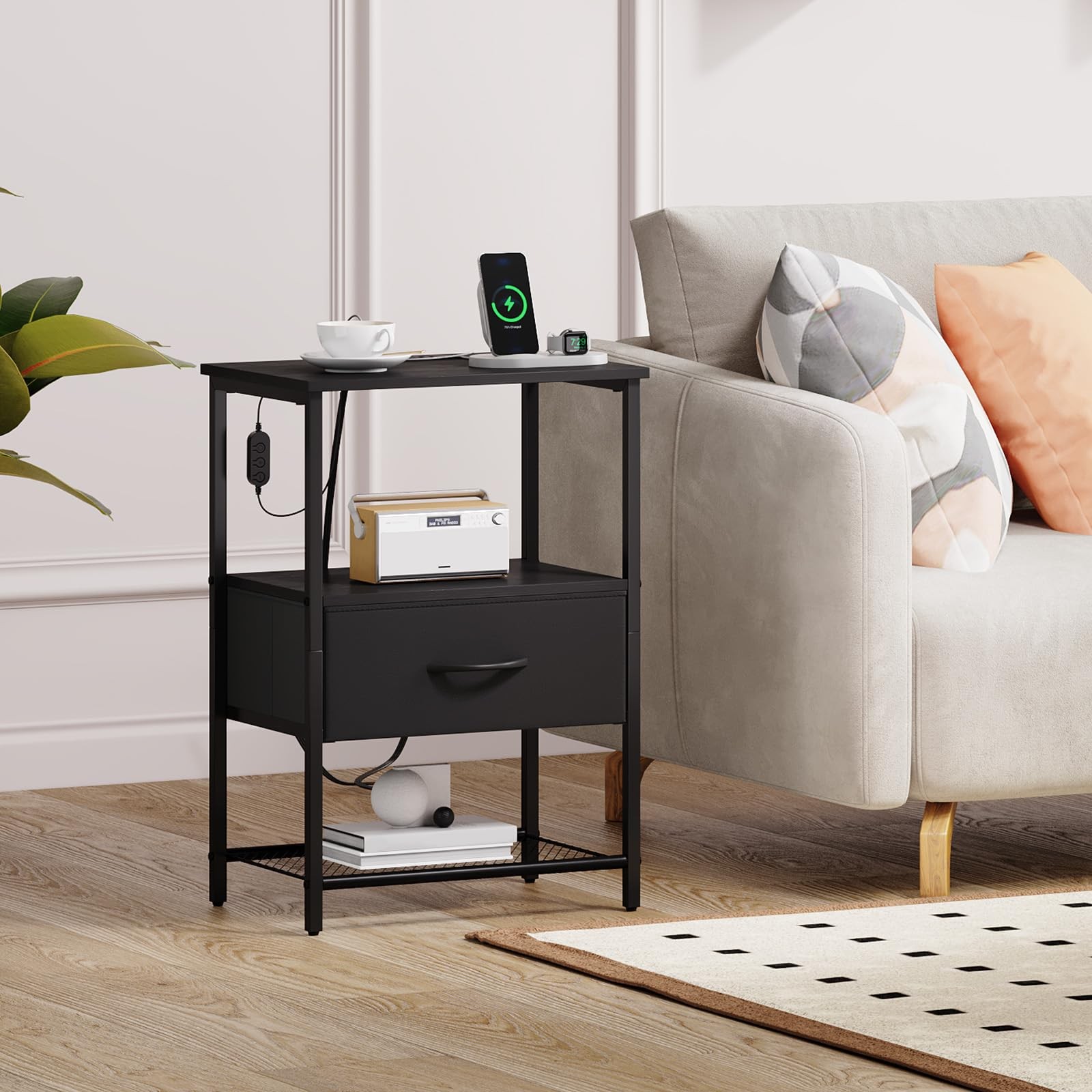 Somdot Nightstand w/Charging Station & LED; Bedside Table