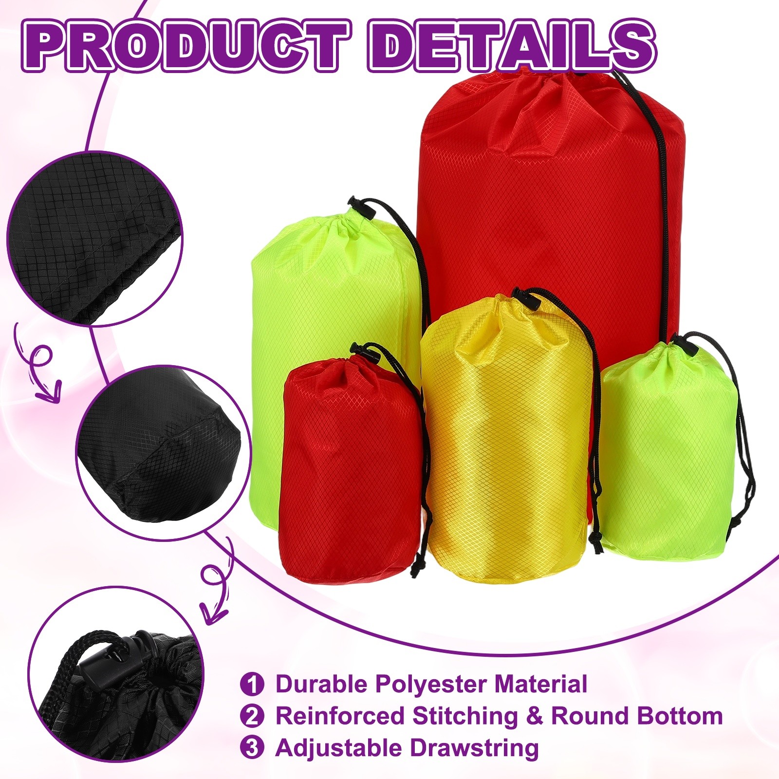 Stuff Sack, Waterproof Ditty Bags with Toggle 4x8In & 2 Pack & Black