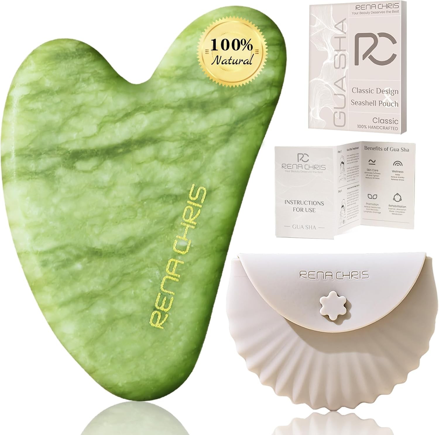 Rena Chris Gua Sha Facial Tools, Xiuyan Jade Stone Guasha Tool for Face Green