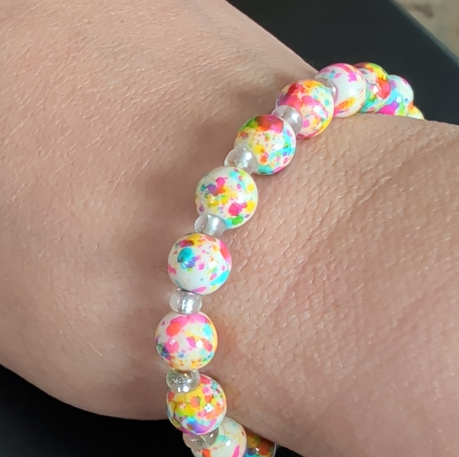 Beaded Bracelet Multicolor & White Round Plastic Beads Cord Bohemian Confetti