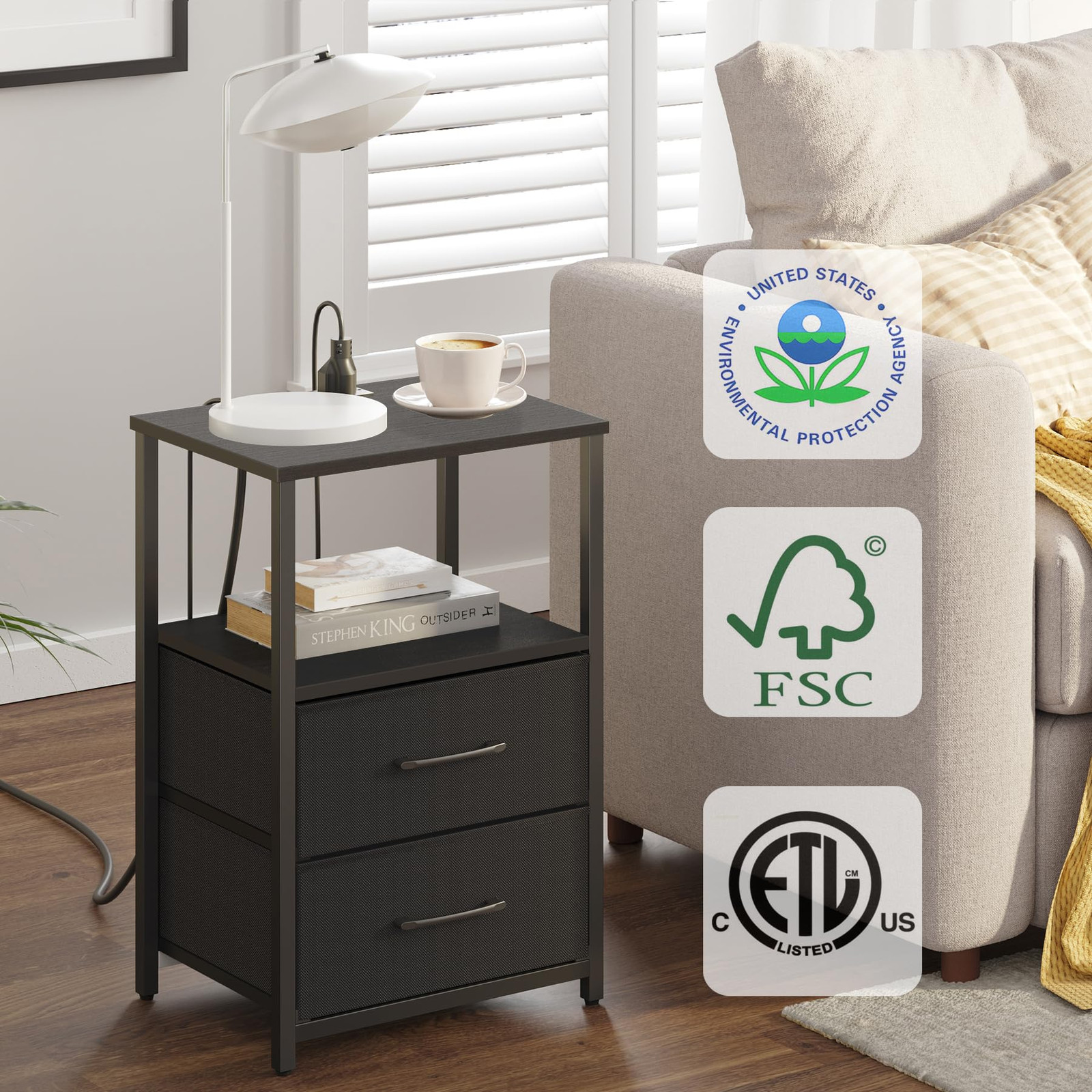 End Table with Charging Station, Side Table with 2 USB Ports and Outlets, Nig...