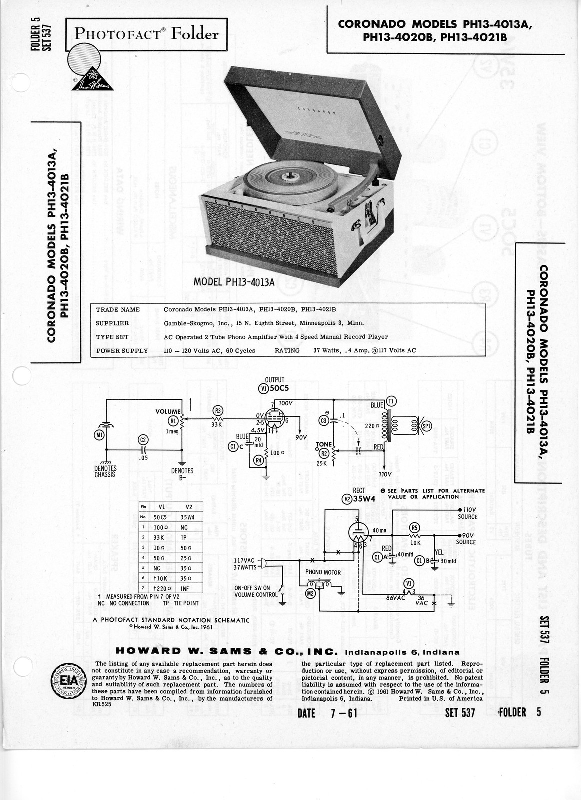 Coronado PH13-4013A, 4020B, 4021B Phono Amplifier with Record Player Photofact