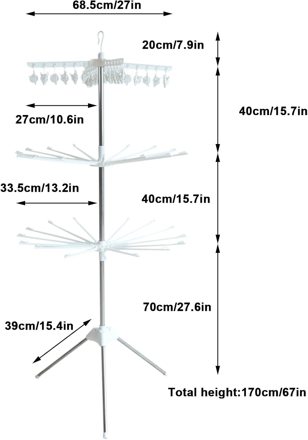 3-Tier Rotating Clothes Drying Rack with Sturdy Alloy and PP Plastic