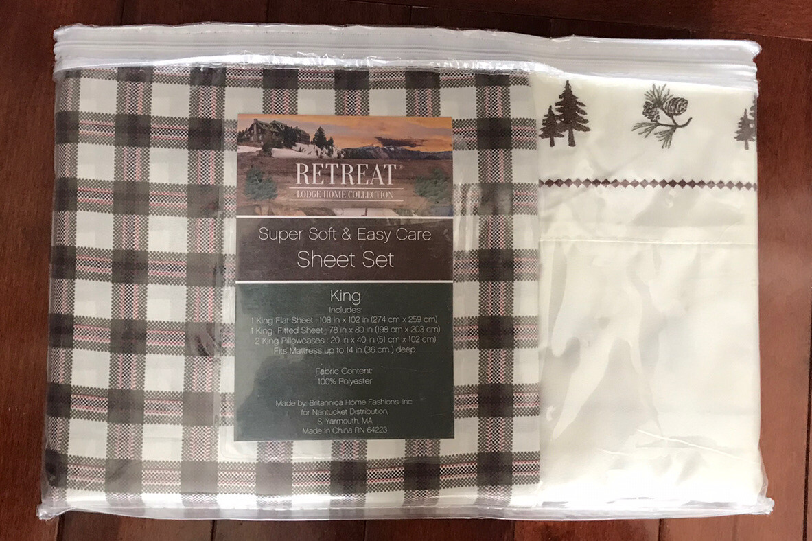 Retreat Lodge Home Collect. KING Polyester Sheet Set 6 Piece Set PLAID/PINE New