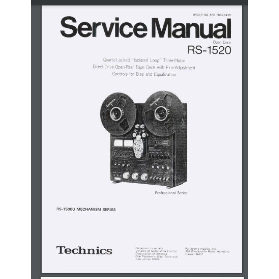 Technics Reel to Reel RS-1520 Service Manual 124 pages comb bound gloss cover