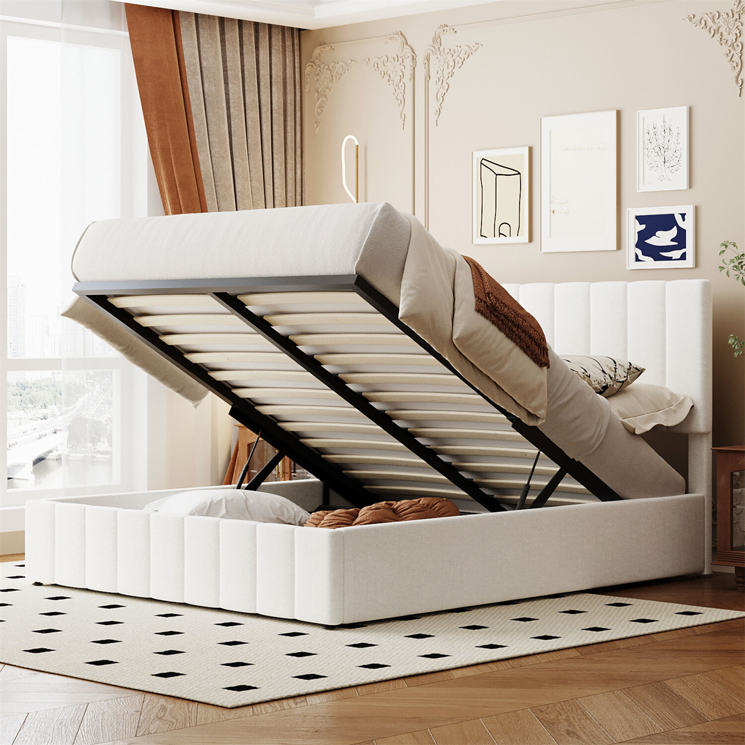 Queen Size Bed Frame Upholstered Platform Bed w/ Hydraulic Storage System