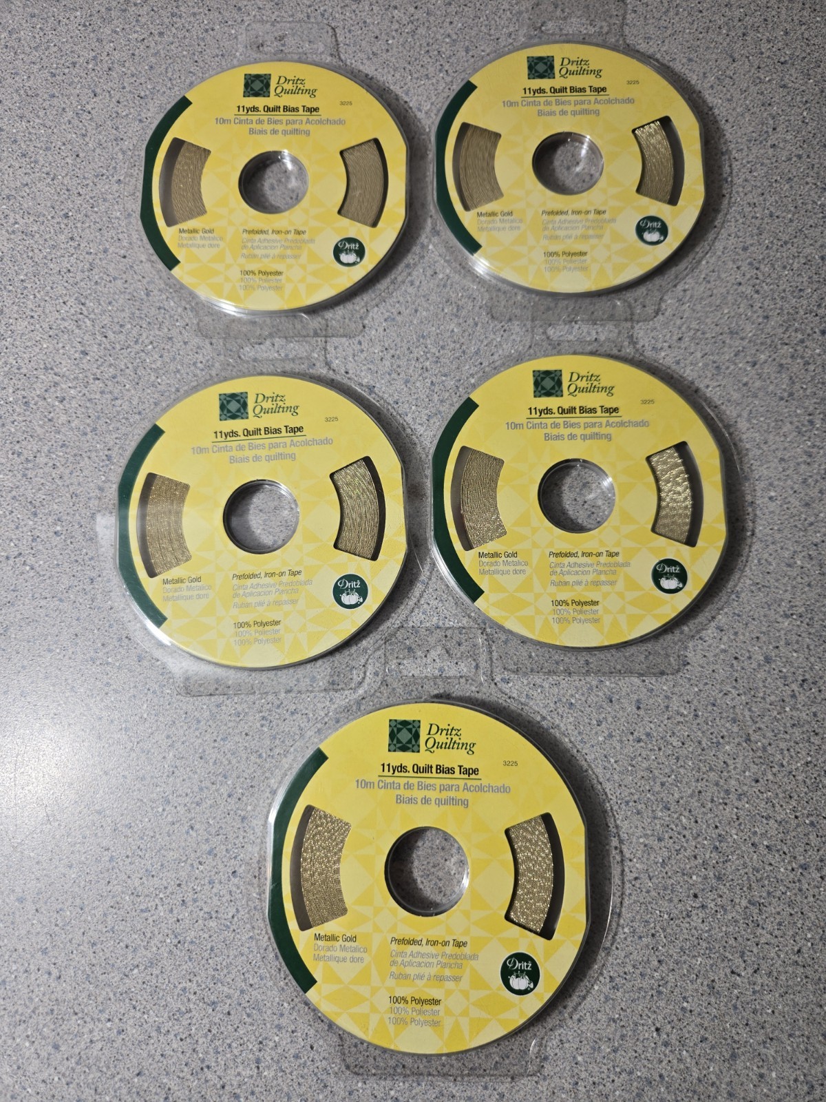 Lot Of 5 Dritz Quilting 11 Yards Quilt Bias Tape Metallic Gold Polyester 55 Yds