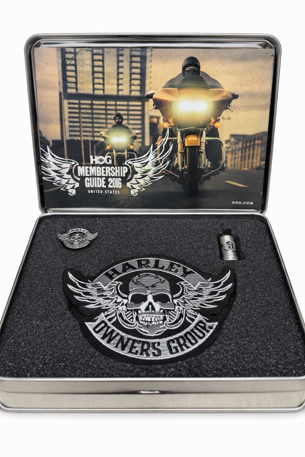 Harley Davidson Patch Pin Bell HOG Membership Skull Welcome Kit Tin 2016