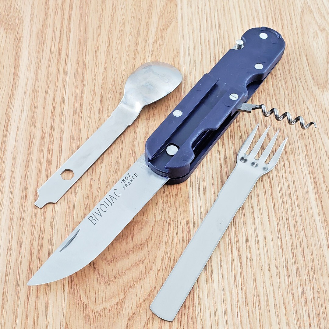 TB Outdoor Bivouac Multi Tool Corkscrew Large/Small Blade Spoon Fork Blue Handle