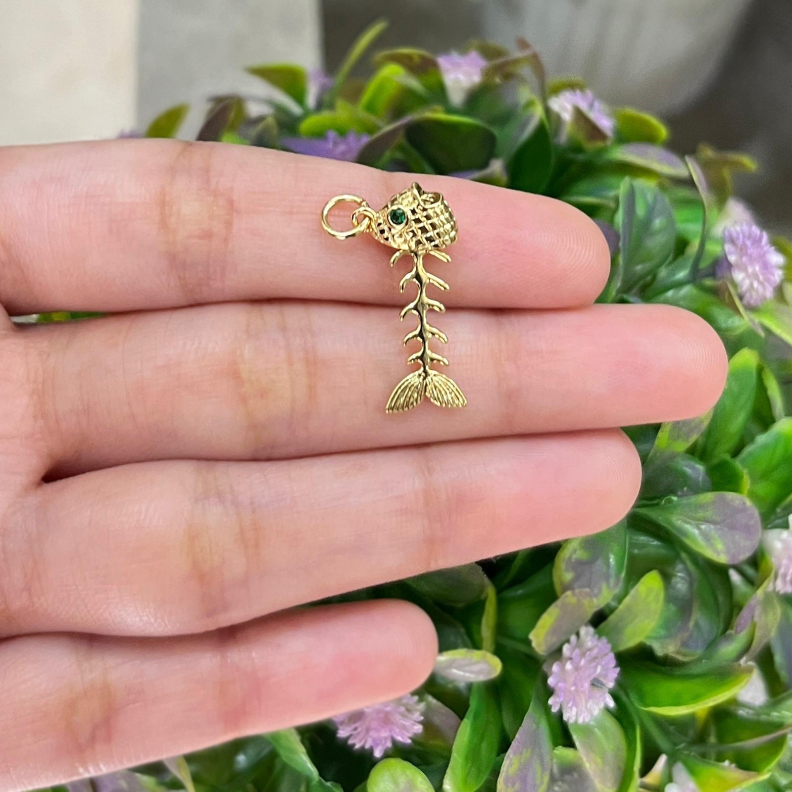 Gold Fish Bone Pendant Charms 18k Gold Plated Emerald CZ Micro Pave DIY Jewelry
