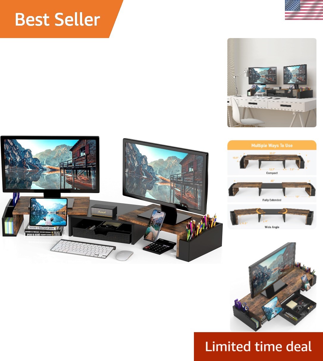 Desk Dual Monitor Stand Riser with Drawer, Rustic Brown