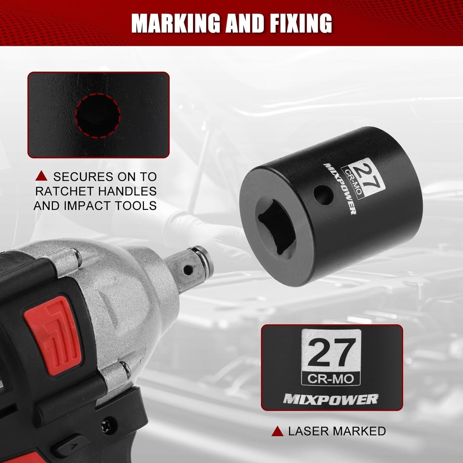 1/2" Drive Shallow Impact Socket, CR-MO, 27mm, 6 Point, Radius Corner Design,...