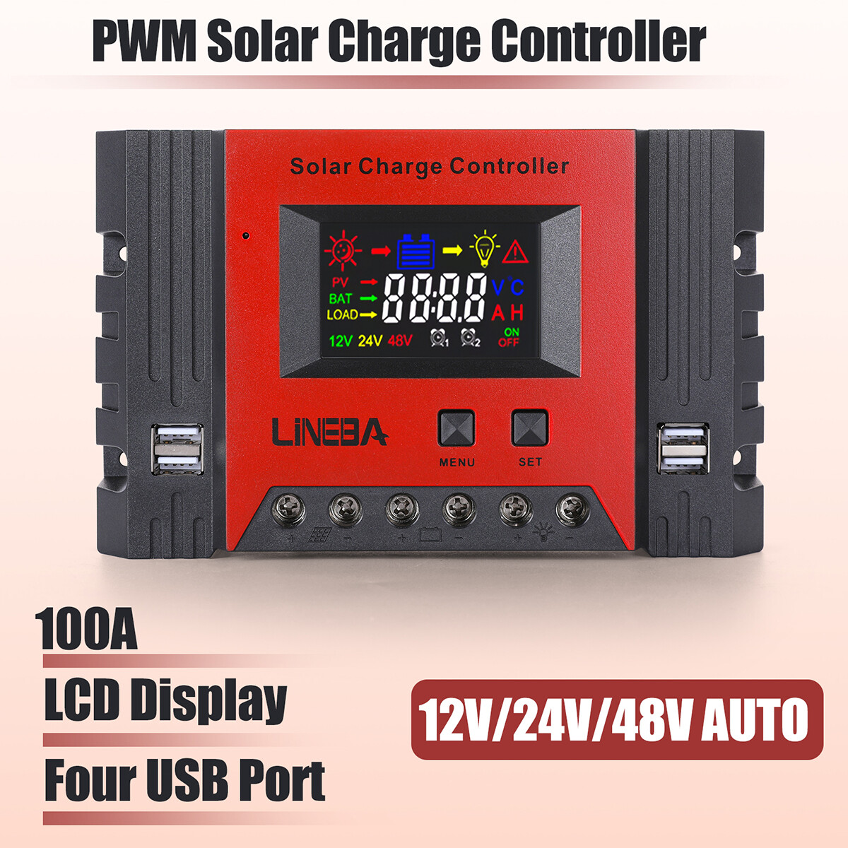 100A PWM Solar Panel Charge Controller 12/24/48V Auto LCD Display 4USB Timer Set