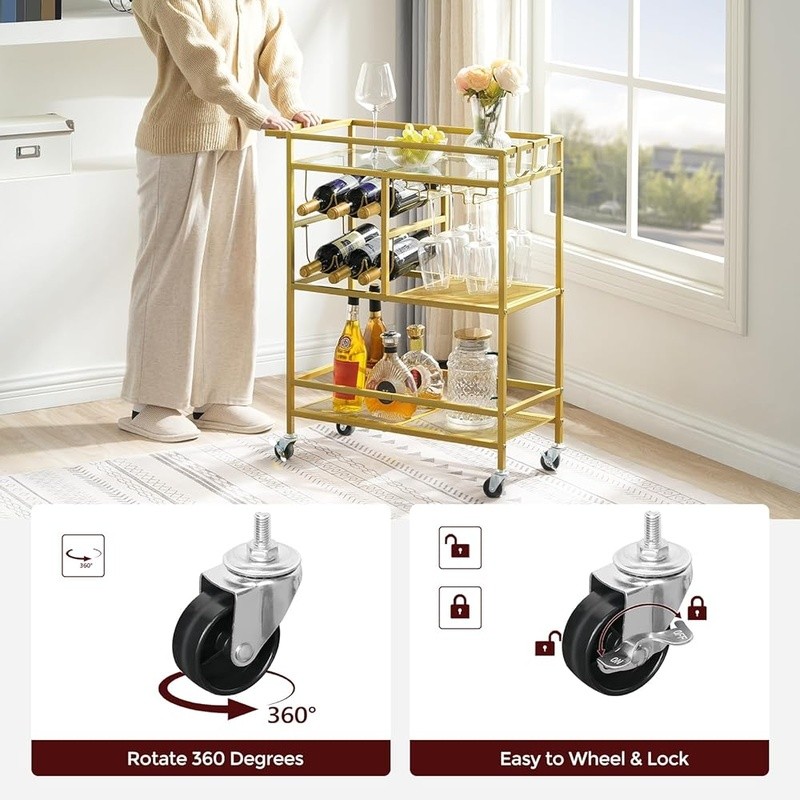 Multi-Level Kitchen Cart W/ Wine Rack Glass Holders Rolling Storage Trolley New