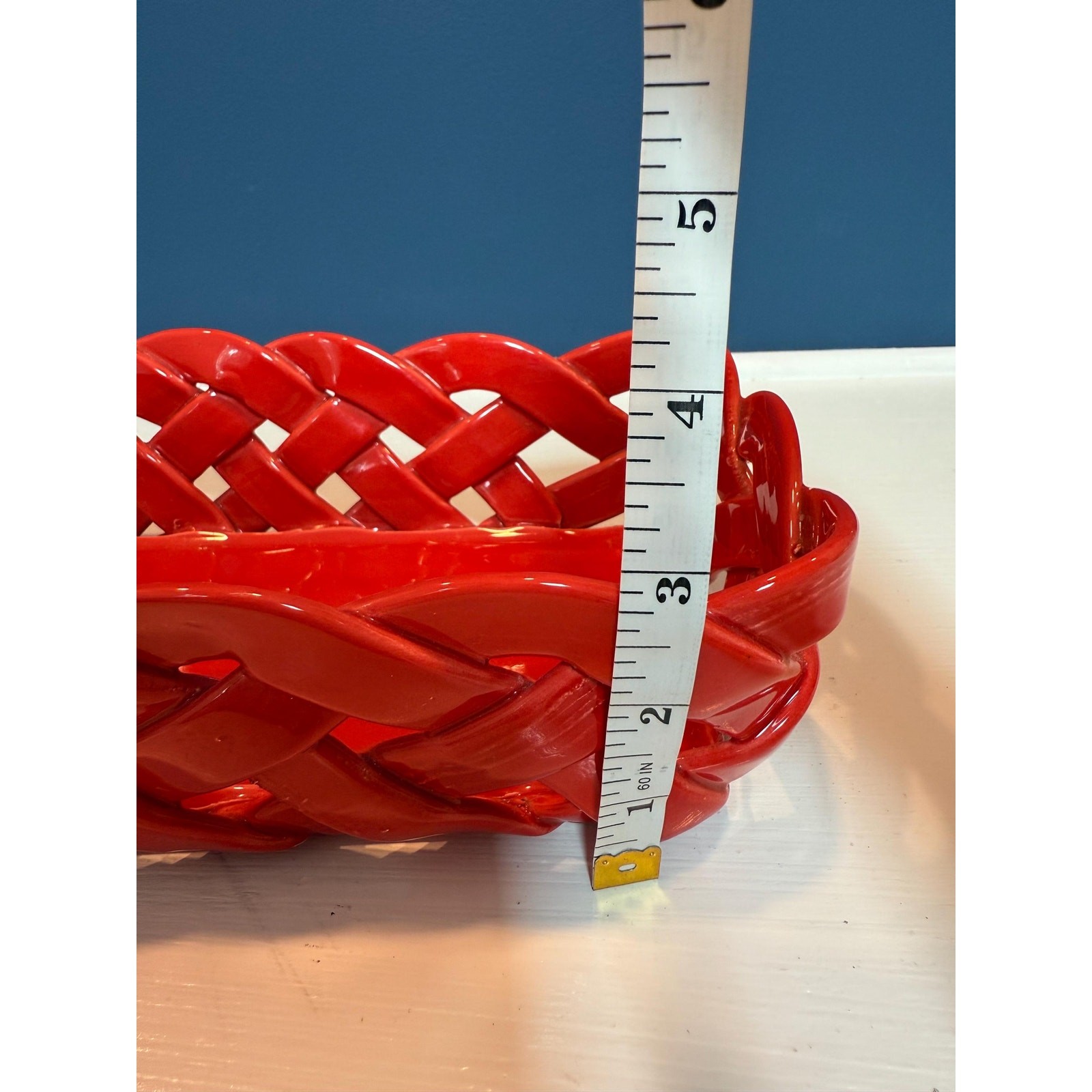 Vintage Primo Gi Red Ceramic Woven Bread Basket Italy Large Weave
