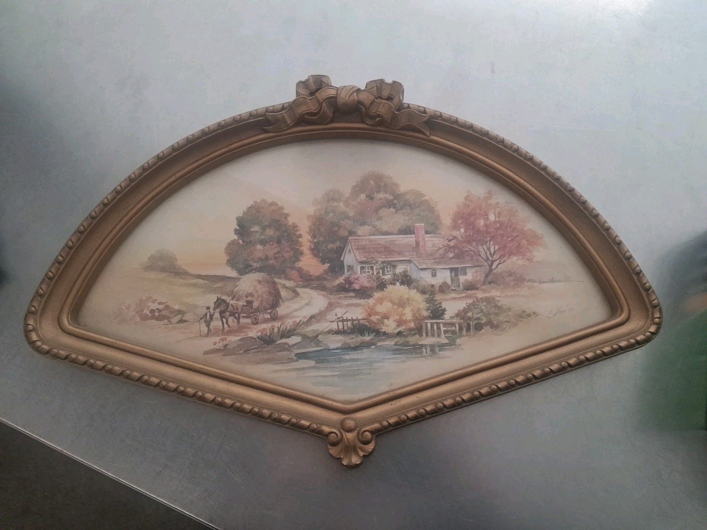 Vintage 1980’s Homco Home Interiors Fan Shape Frame Autumn Harvest Picture 16.5”