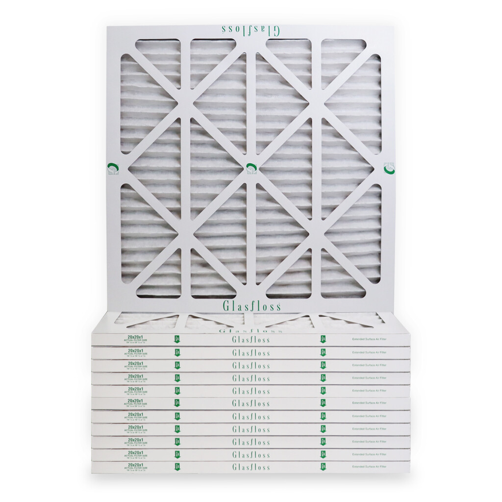 20x20x1 Air Filter MERV 10 Pleated by Glasfloss - Box of 12 - AC/Furnace Filters