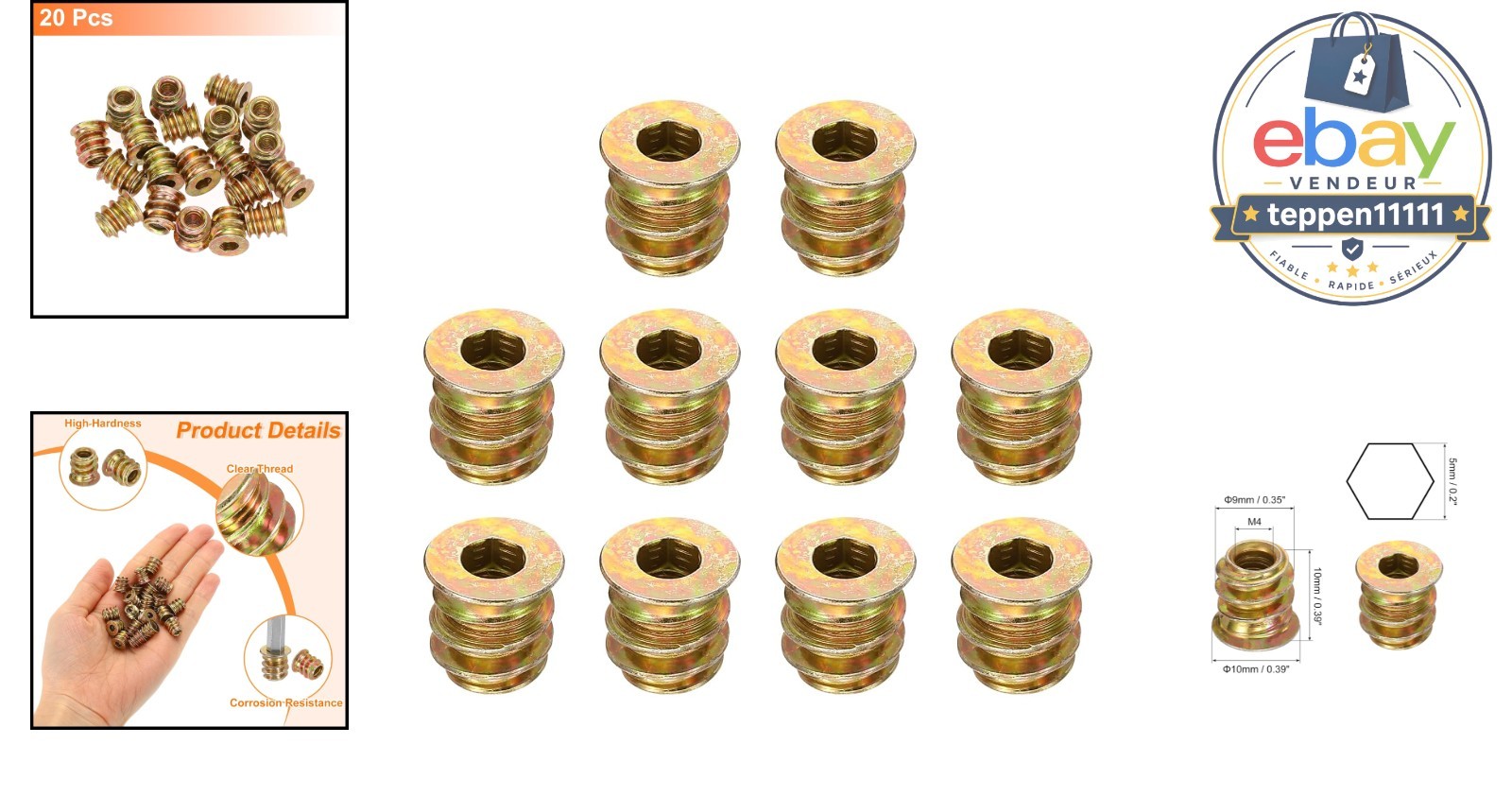 M4x10mm Threaded Insert Nuts 20pcs Hex Socket Drive Brass