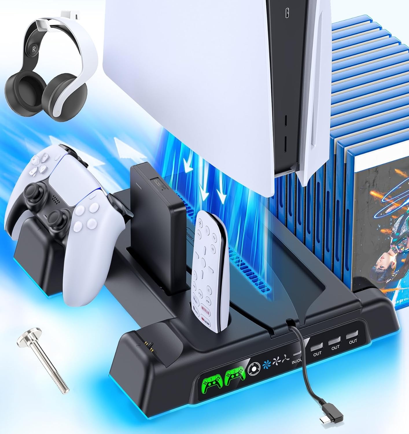 PS5/Slim/Pro Stand and Cooling Station with LED Controller Charging Station