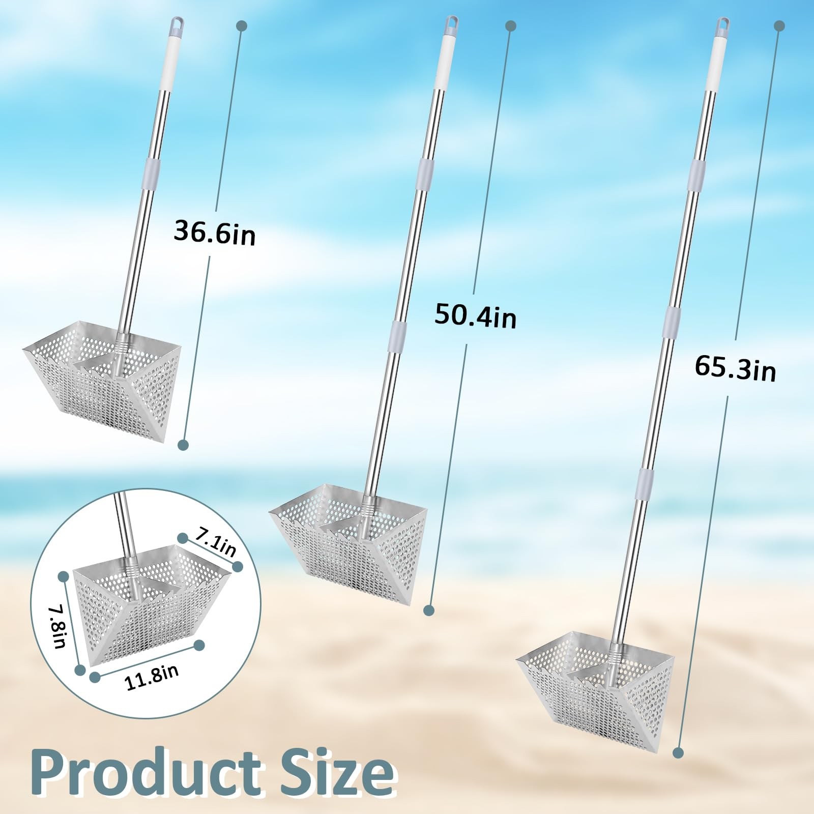 Sand Flea Rake, 65-Inch Long Handle Stainless Steel Sifter - Silver