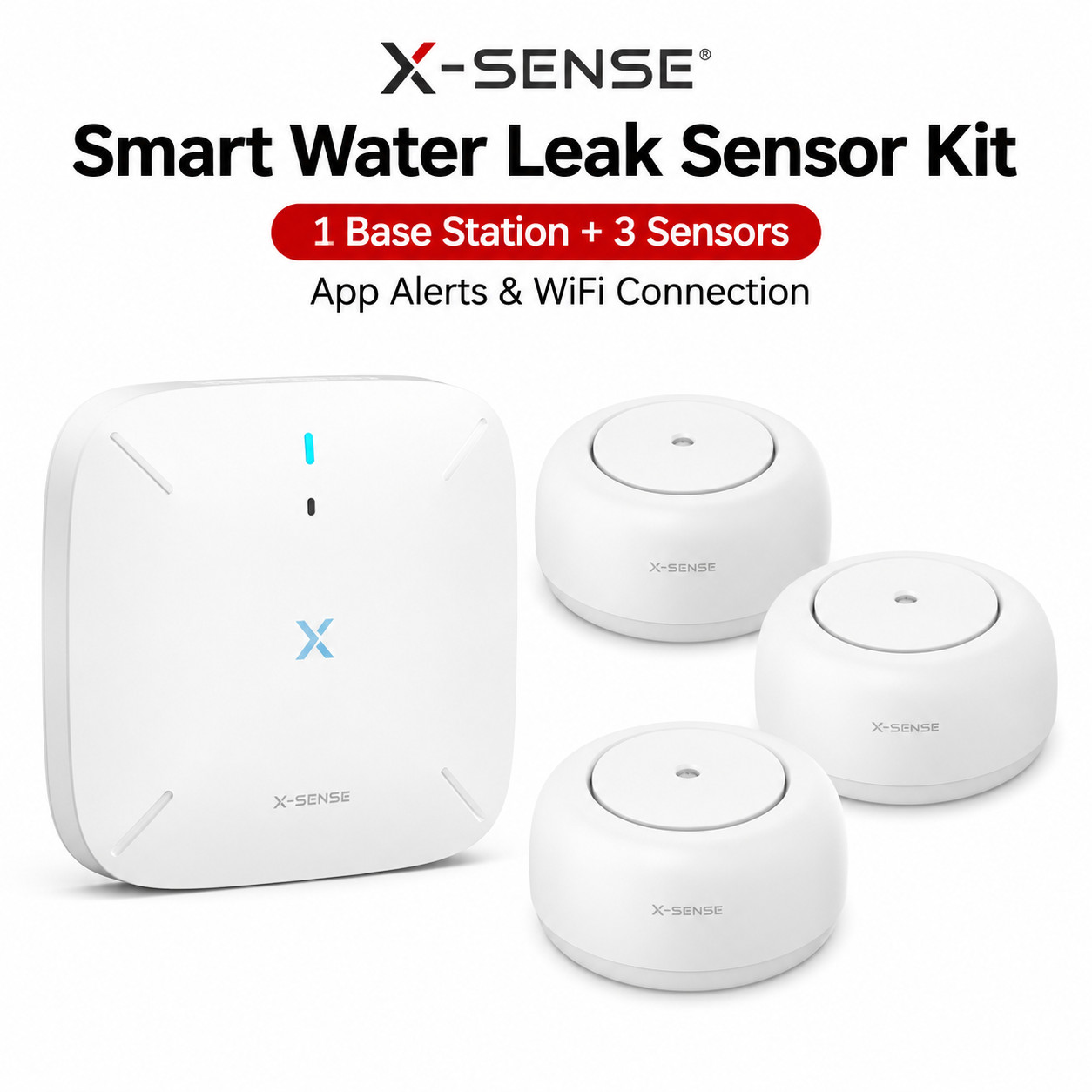 X-Sense Smart Water Leak Sensor Alarm Kit WiFi App Alert Hub + 3 Sensors SWS3
