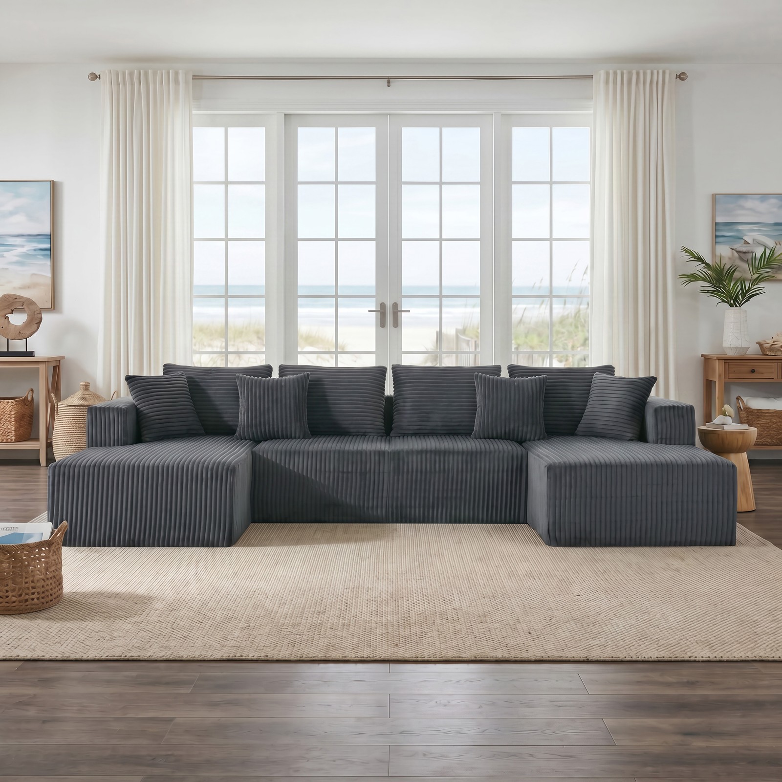 U-Shaped Modular Sectional Sofa, Gray Corduroy, Double Chaise, Deep Seat