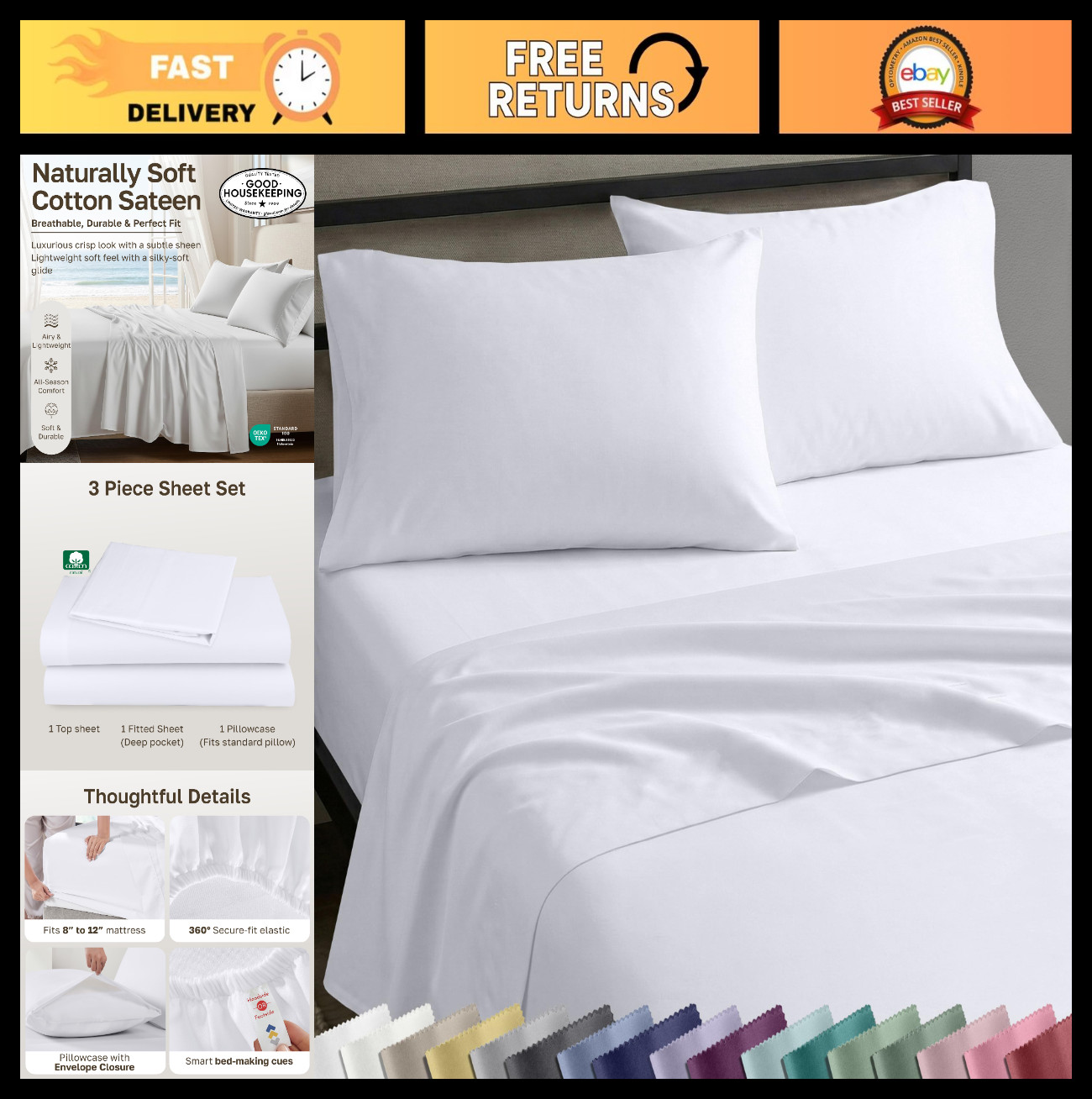 Soft 100% Cotton Sateen Twin XL Sheet Set, 3 Pieces, Bright White, Breathable &