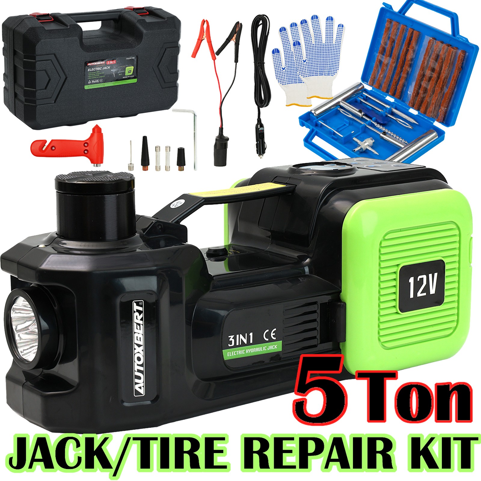 Electric Hydraulic Floor Jack 5 Ton 12V w,Tire Inflator Air Pump Repair Kit Auto