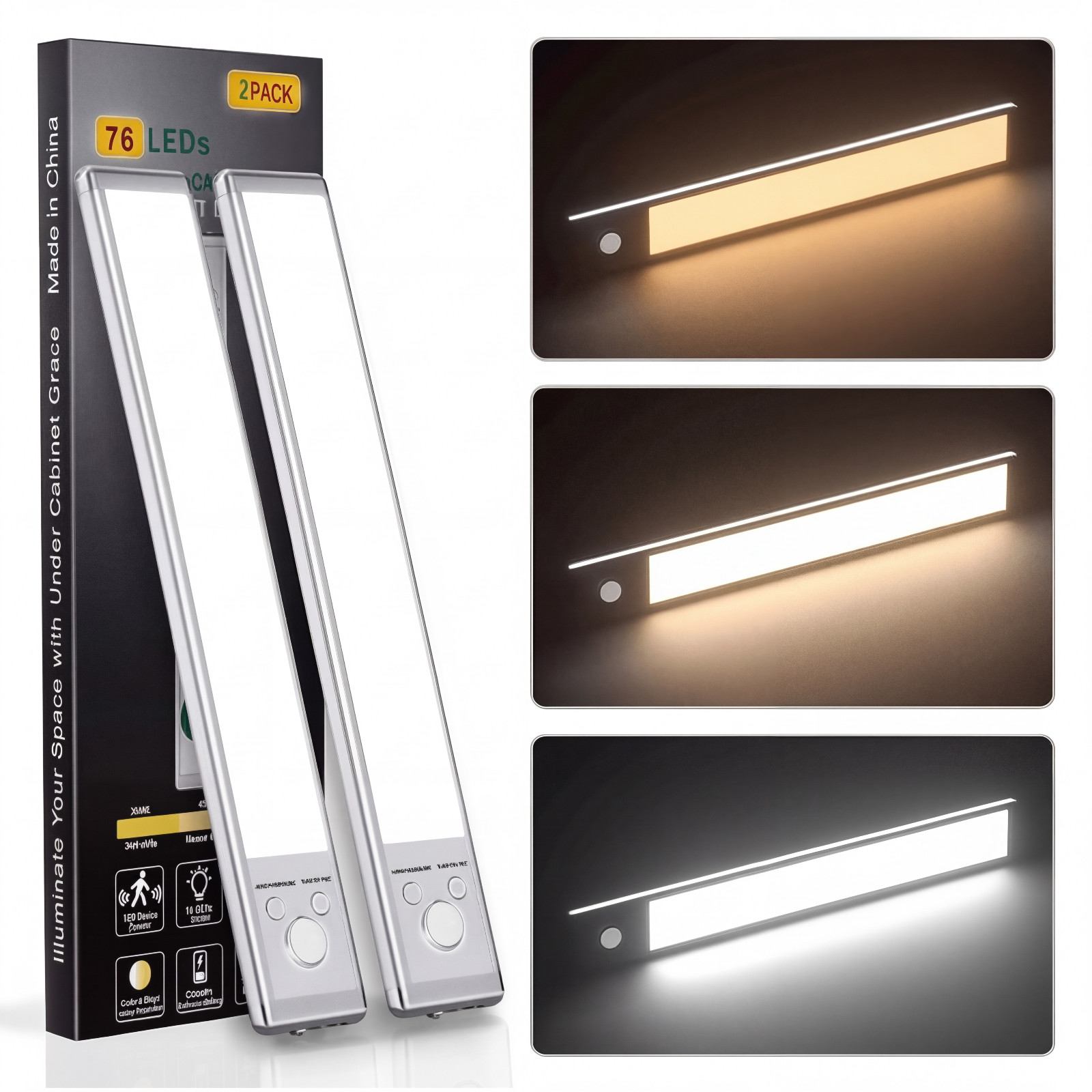 LED Motion Sensor Under Cabinet 3-color Light - USB Rechargeable 24cm / 9.5"