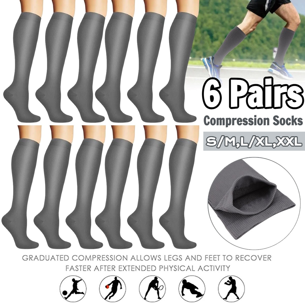 (6 Pairs) Compression 15-20mmHg Graduated Support Socks Calf Mens Womens S-XXL