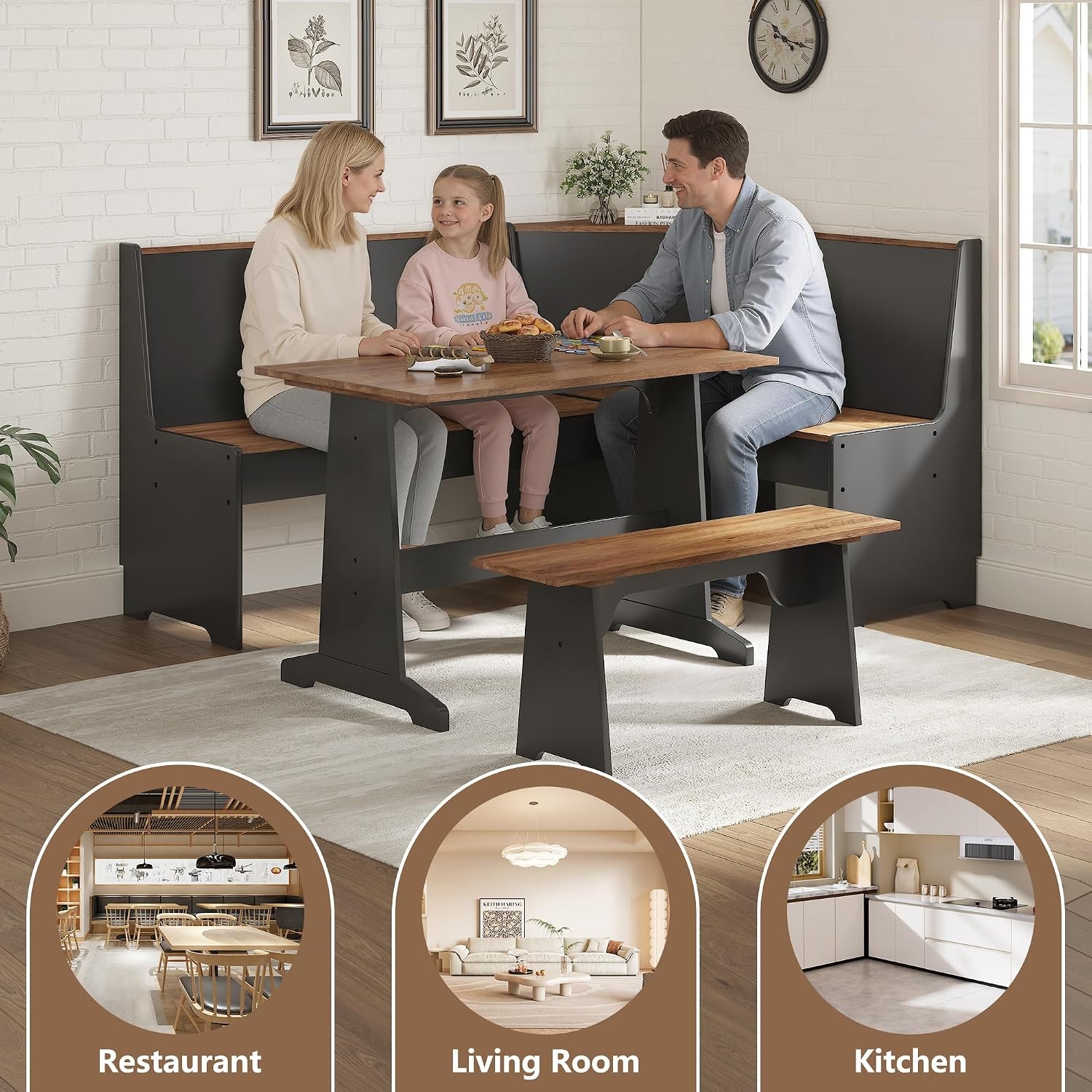 3 Pieces Corner Dining Table Set W/ Hidden Storage L-Shaped Breakfast Nook W/