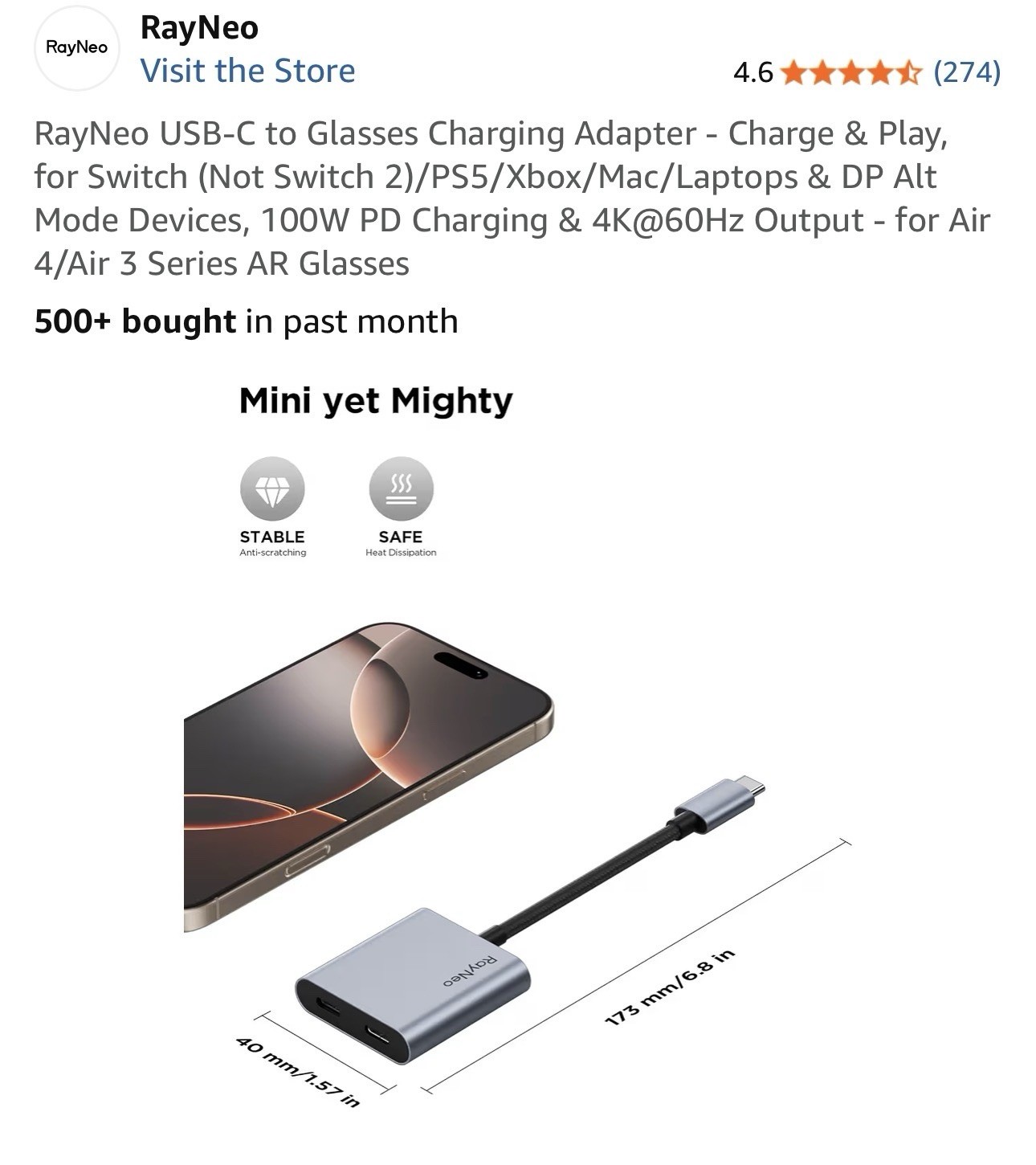 RayNeo USB-C to Glasses Charging Adapter - Charge & Play, for Switch