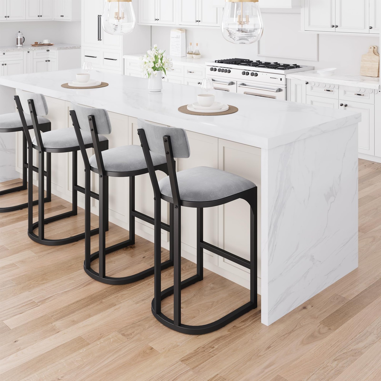 Ergonomic Counter Height Bar Stools 2 Pack Metal Frame Velvet for Kitchen & Bar