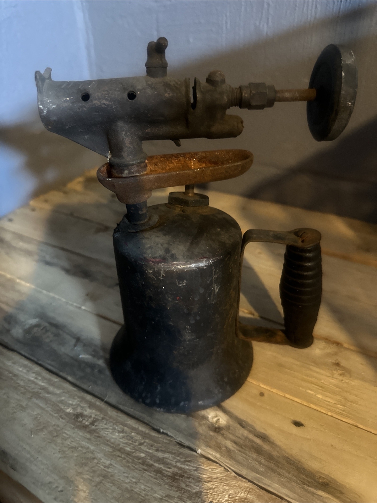 Antique Blow Torch Cast Metal Brass ? Wood Estate Find