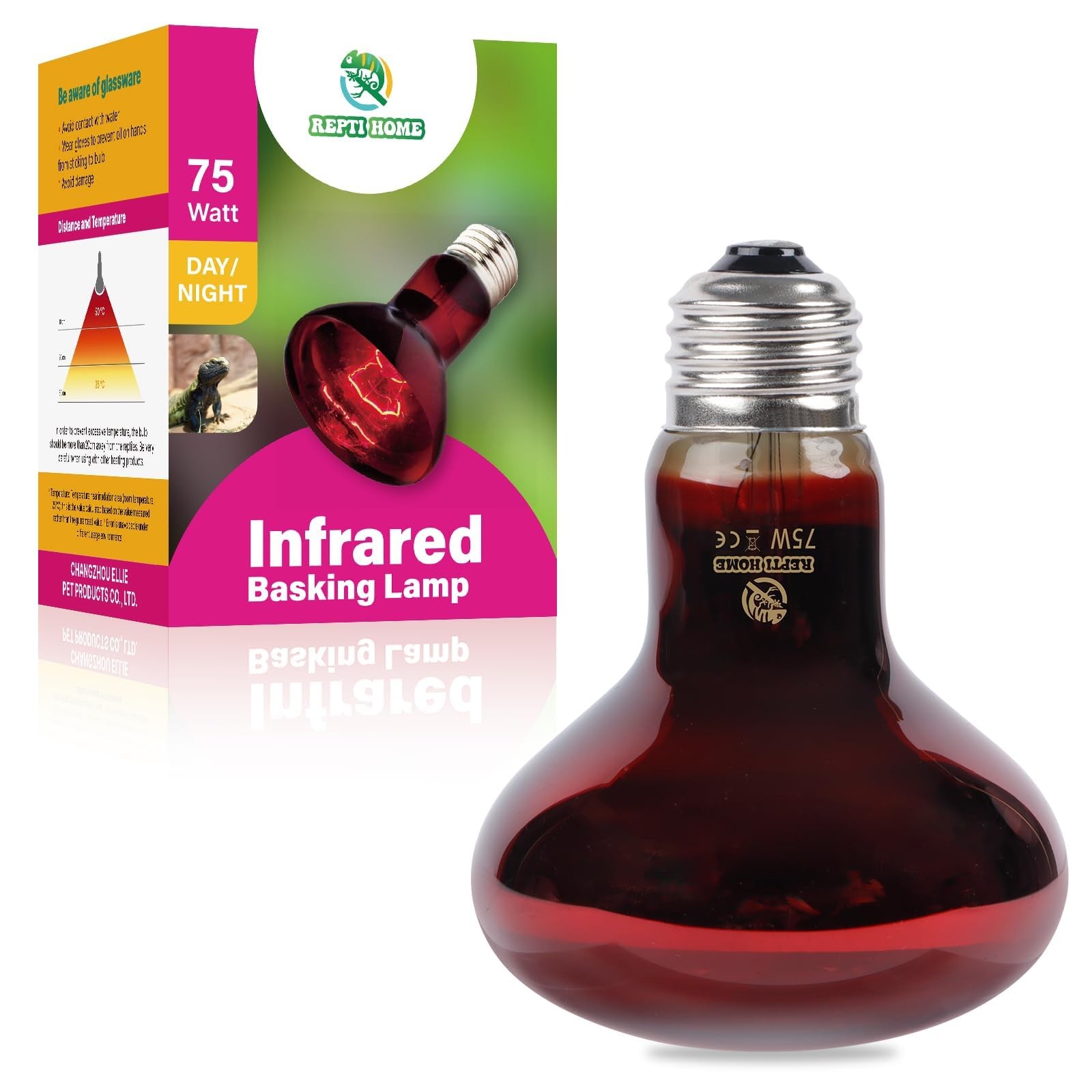 REPTI HOME Reptile Heat Lamp,75W Red Infrared 75W 1 Pack, Bulb 75w-1pcs