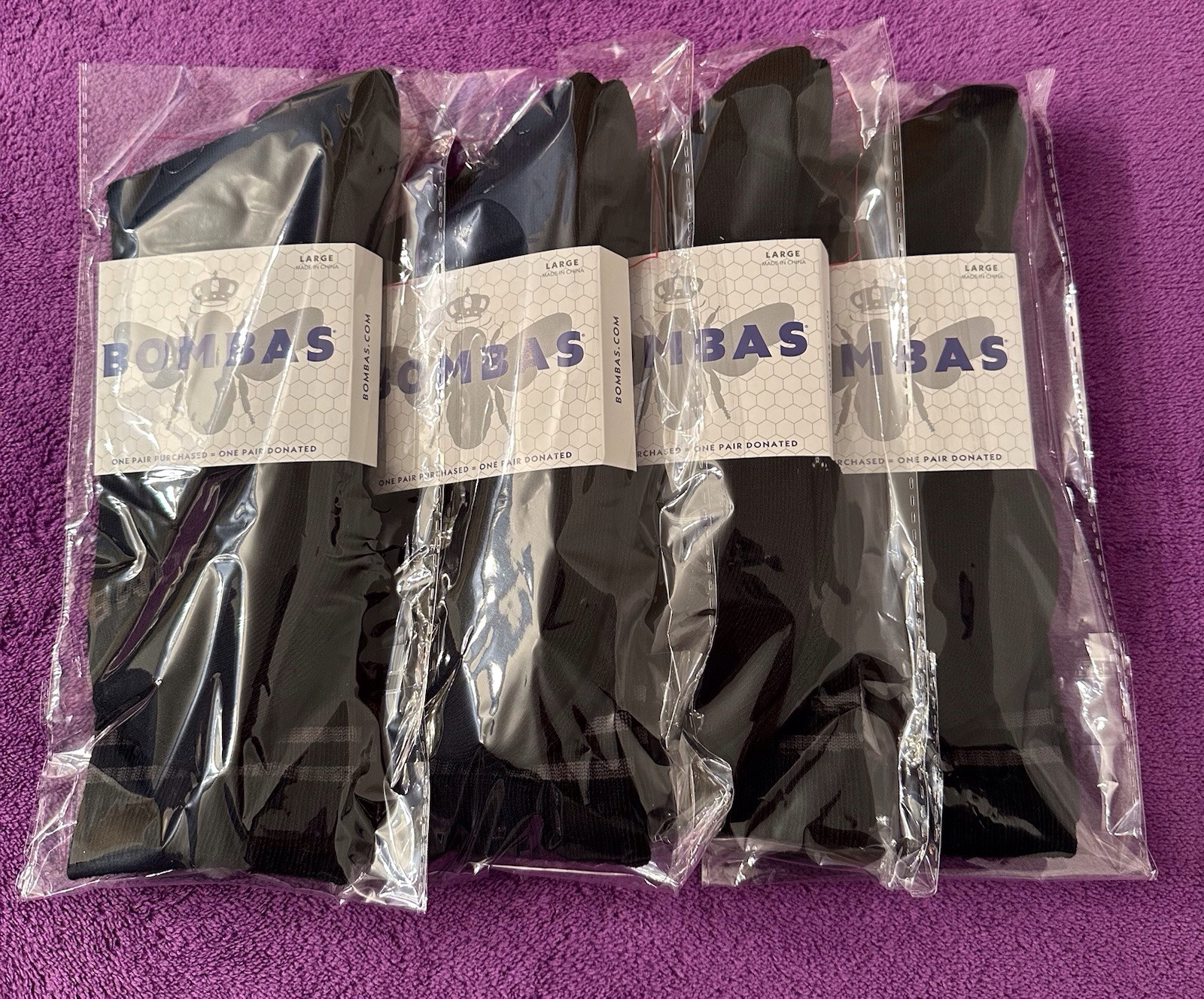 Bombas Honeycomb 4-Pack Crew Calf Socks Size Large Brand New Unisex Blk 4-Pairs