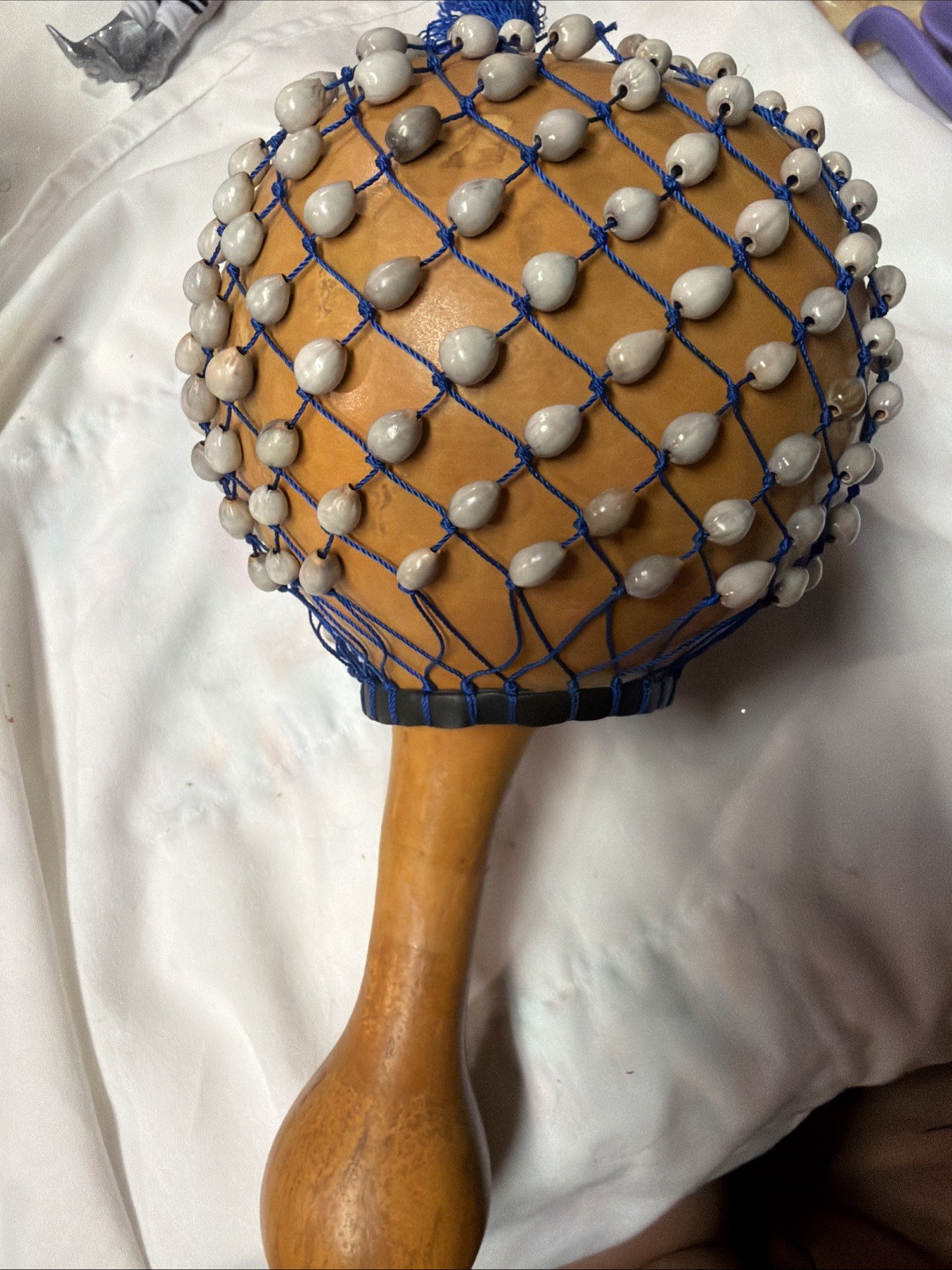 Handmade African Shekere Gourd Percussion Instrument w/ Beaded Netting 12” tall