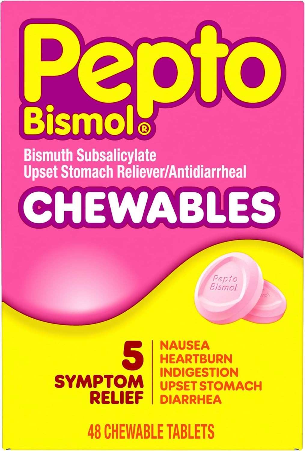 Pepto Bismol Chewable Tablets 48ct Upset Stomach Nausea Heartburn Relief New