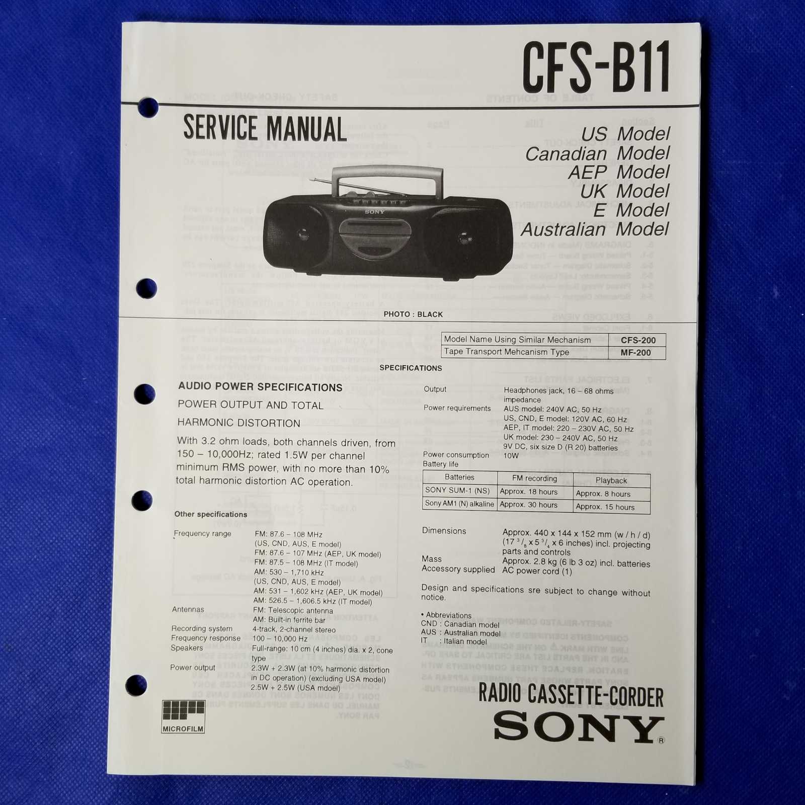 SONY CFS-B11 Service Manual Original Paper OEM Repair Guide - USA