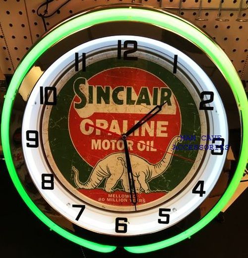 18" SINCLAIR Opaline Motor Oil Gas Station Distressed Sign Double Neon Clock