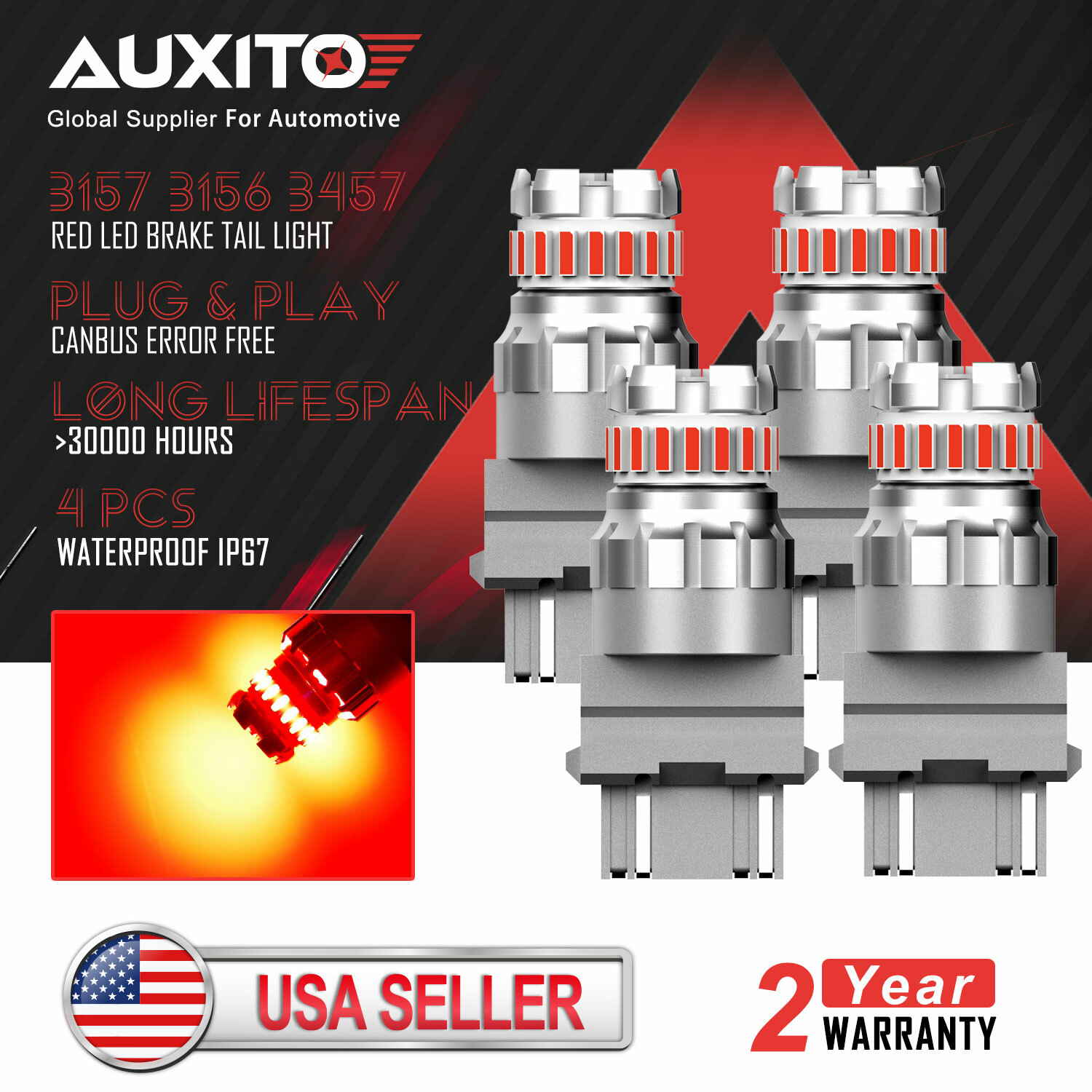 4pcs AUXITO Canbus 3157 3156 3457 3057 Red LED Brake Tail Turn Signal Light Bulb
