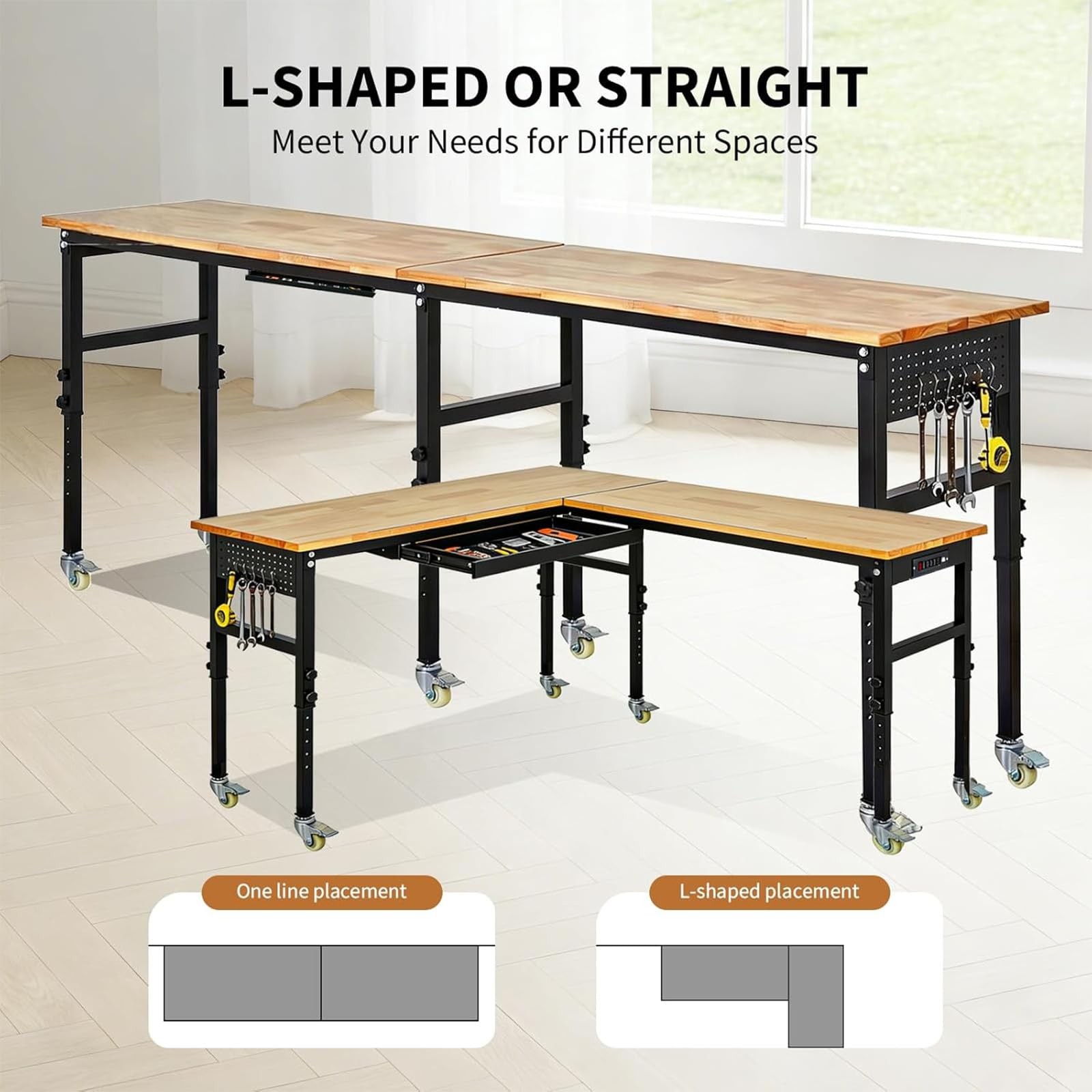 Heavy Duty 130" l-Shaped Adjustable Workbench w/ Wheels 2000 Lbs Capacity Drawer