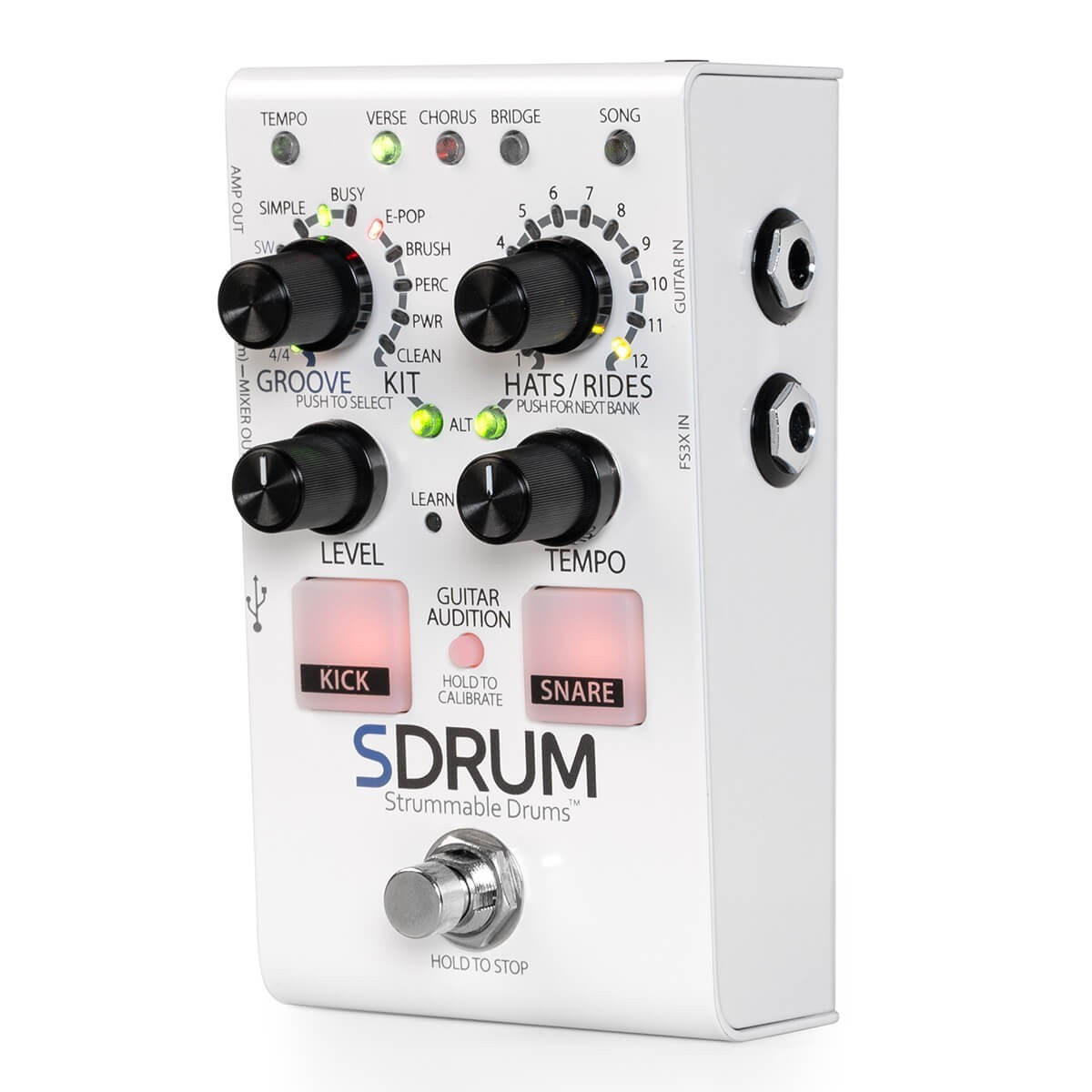 Digitech SDRUM Strummable Drum Pedal + DigiTech FS3X Footswitch & 2 Patch Cables