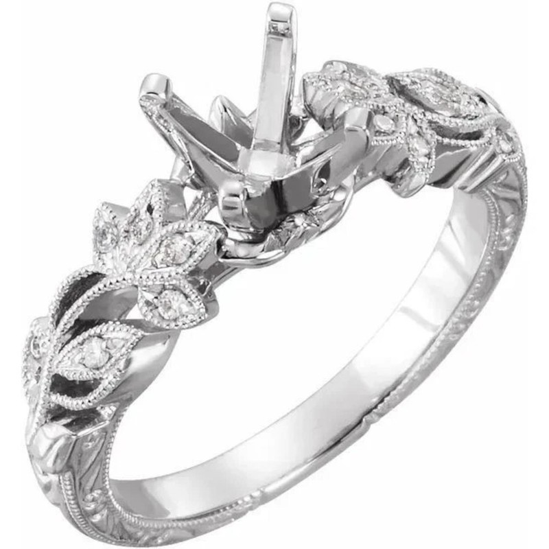 925 Sterling Silver Semi Mount Wedding Ring 11mm Round Vintage Floral Leaf Ring