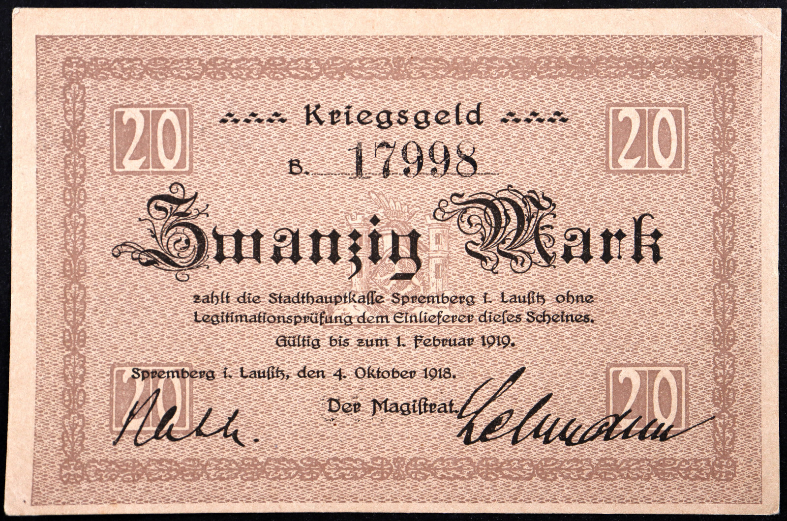 SPREMBERG 1918 RARE 20 Mark Grossnotgeld German Notgeld Banknote