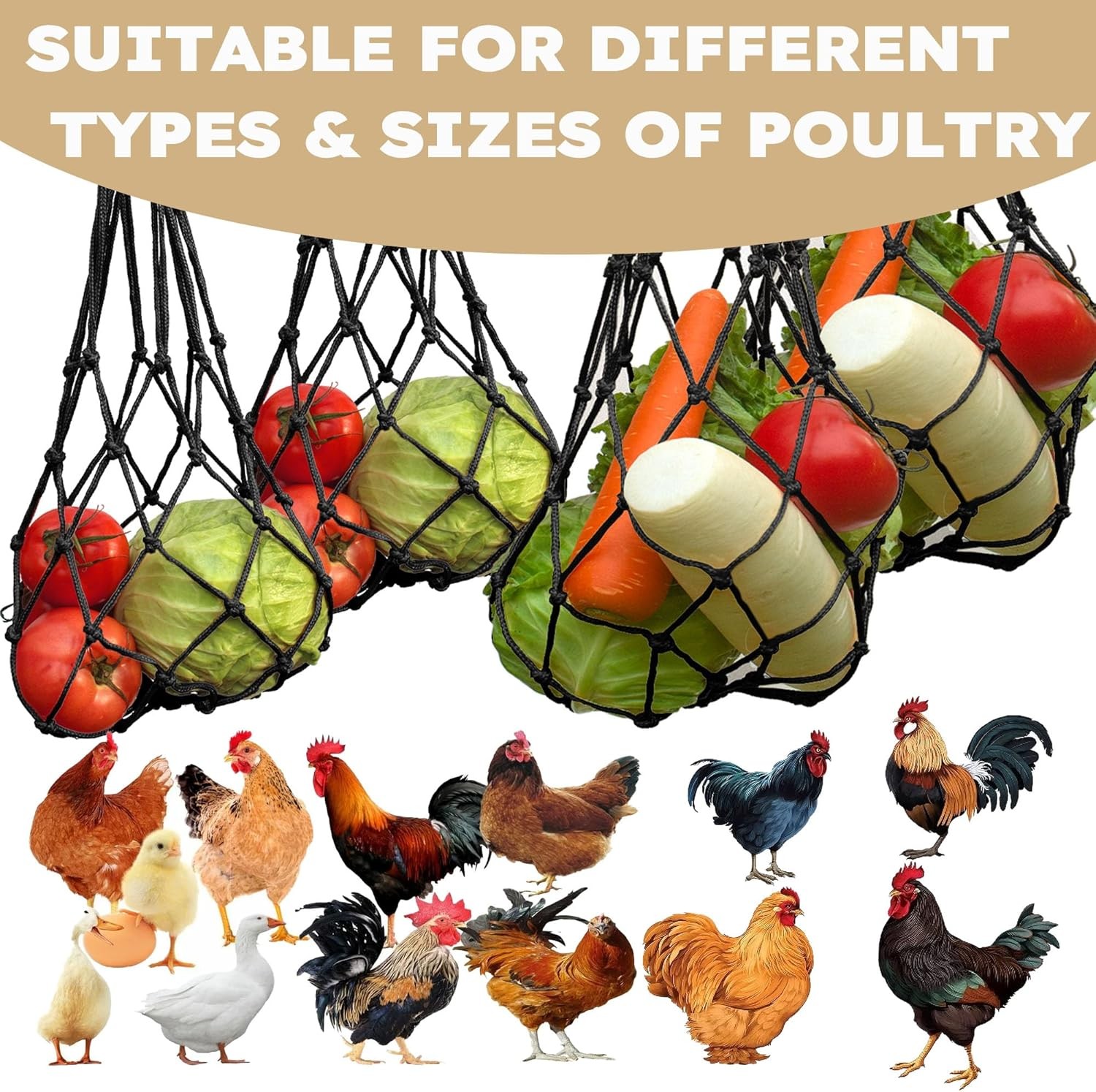Chicken Vegetable Fruit Hanging Feeder 4Pcs Reusable String Bag W/ Hook Chicken