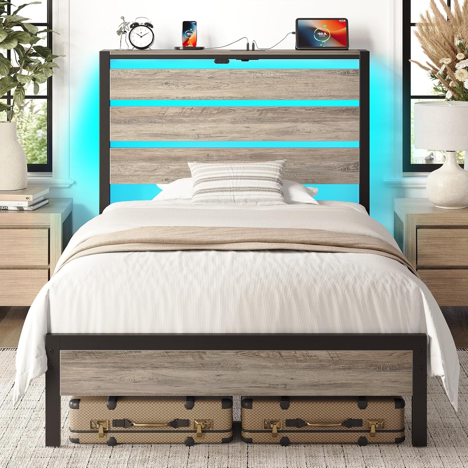 Bed Frame Twin Size W/ USB Charging Station LED Bed Frame W/ Wood Storage